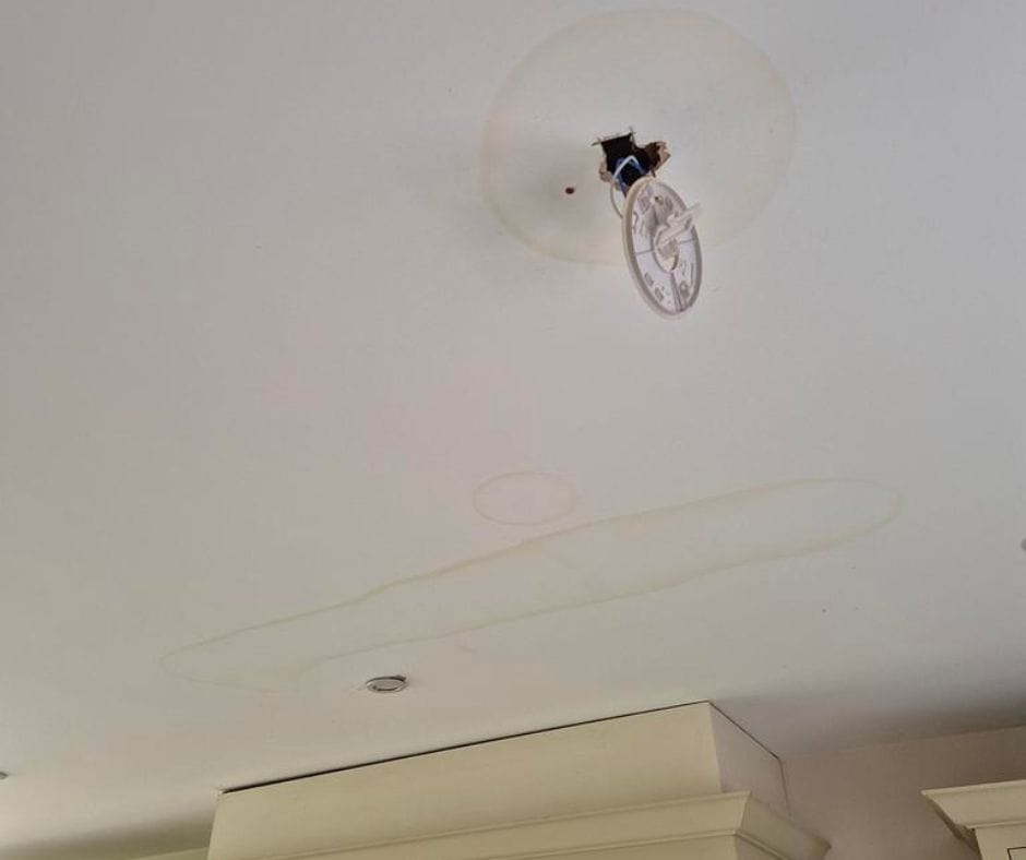 Evidence of water damage in a ceiling caaused by a leak