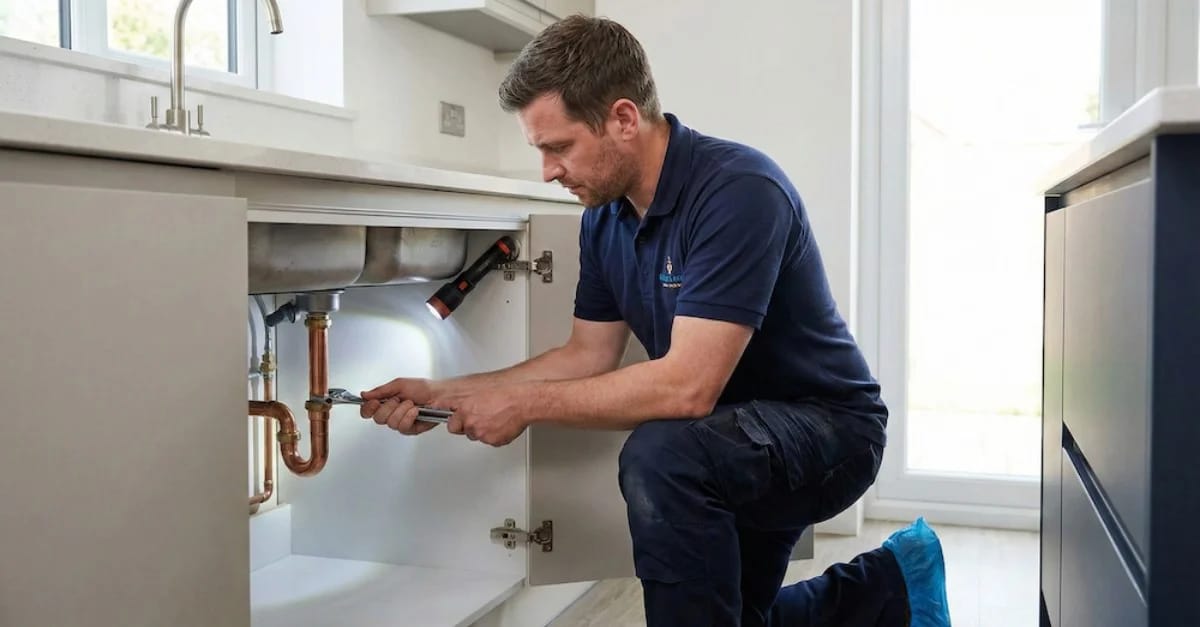 Illustration of a plumber working on pipework beneath a kitchen sink