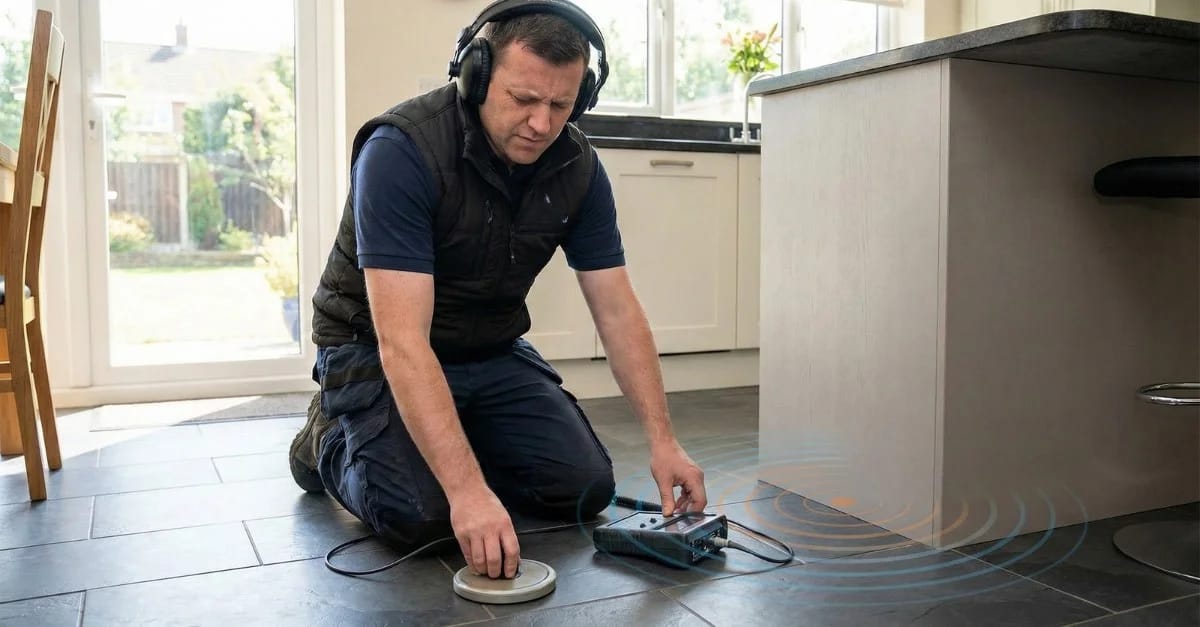 Illustration of acoustic leak detection using a floor sensor and headphones