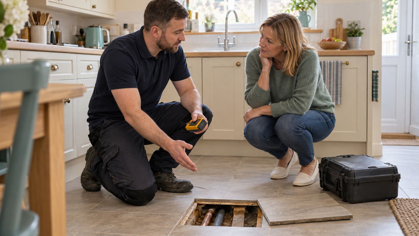 Illustrative scene of a technician explaining a targeted floor investigation to a homeowner